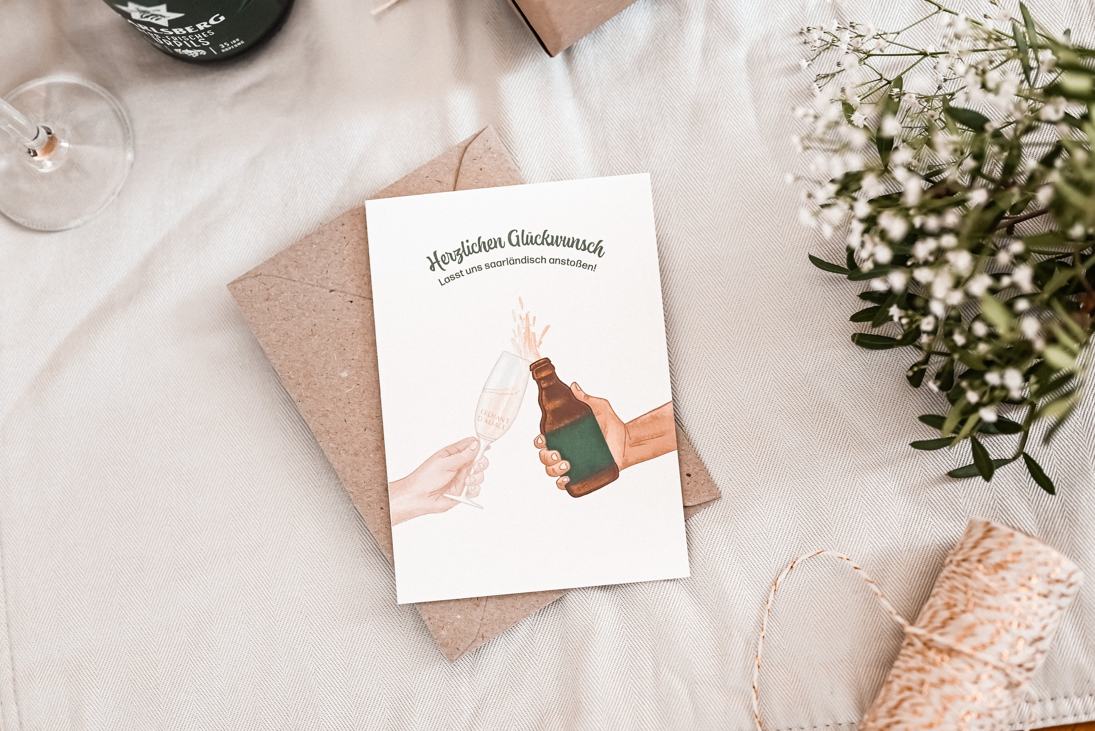 Saarländische Glückwunsch-Karte "Cremant und Stubbi"