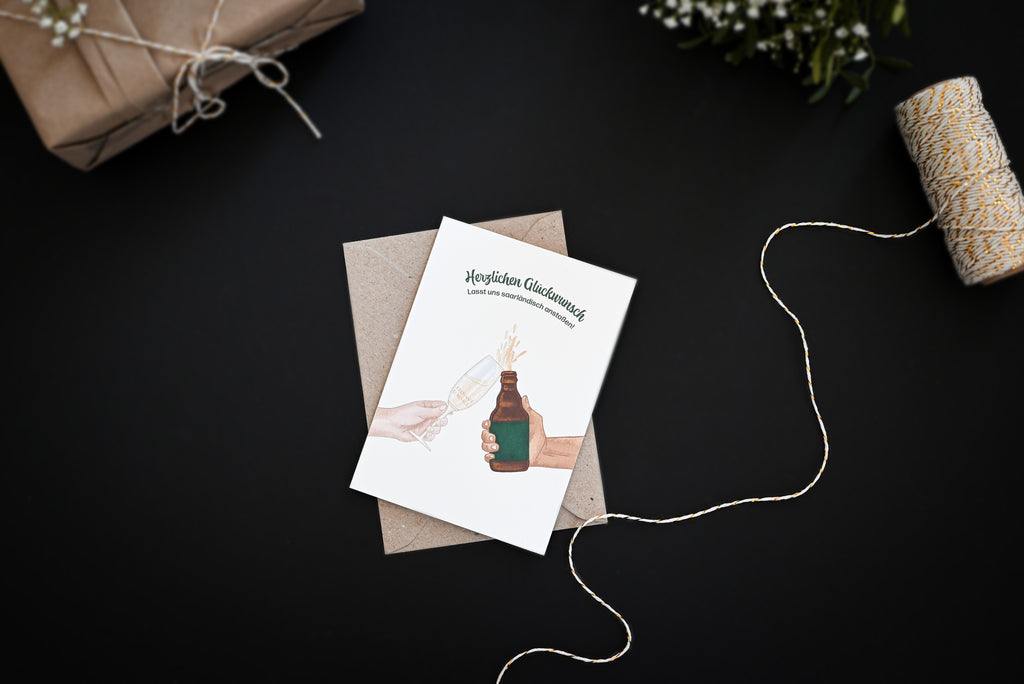 Saarländische Glückwunsch-Karte "Cremant und Stubbi"