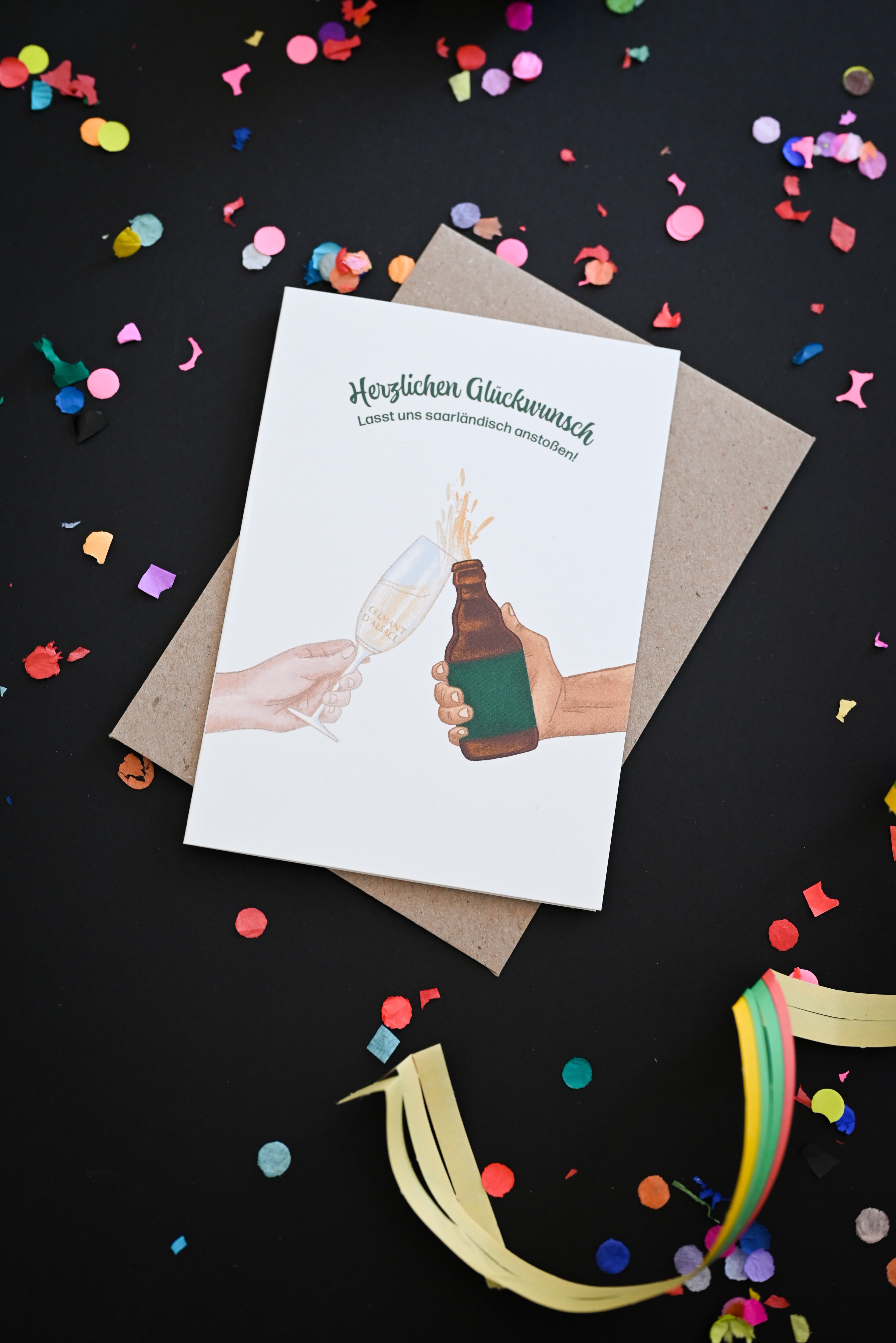 Saarländische Glückwunsch-Karte "Cremant und Stubbi"